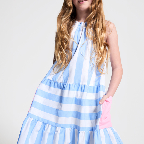 فستان مقلم من قماش البوبلين بحمالات أزرق اللون للفتيات